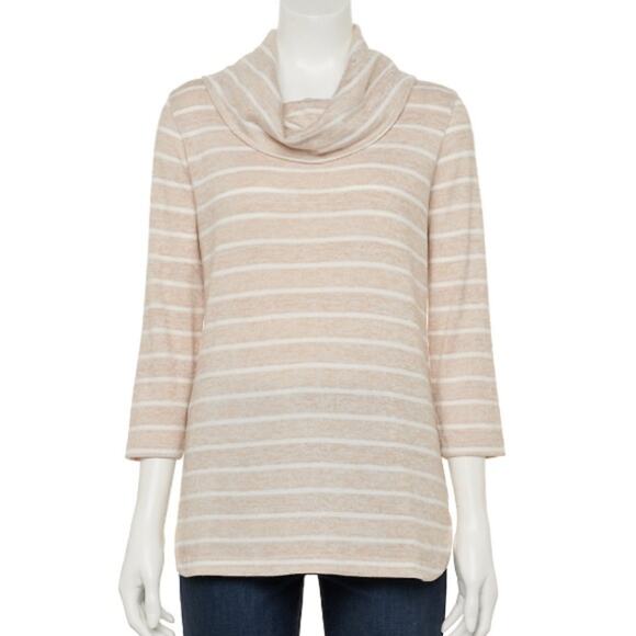 Croft & Barrow Beige white stripe  3/4 sleeve Cowlneck top - Picture 1 of 9